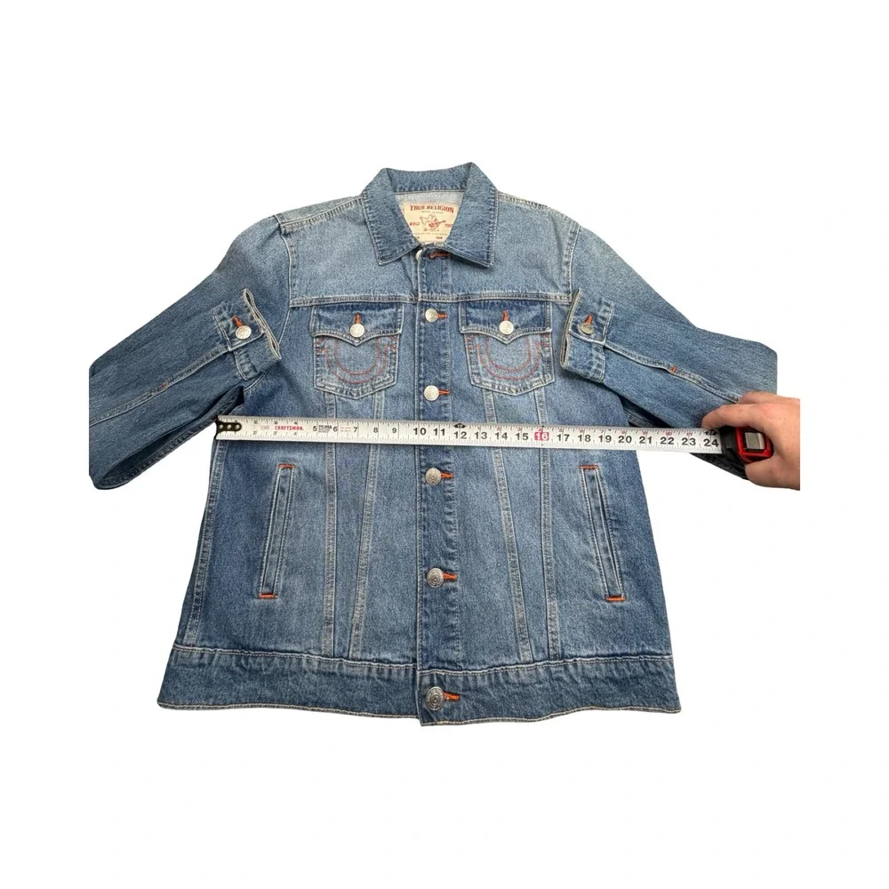 True Religion Denim Jacket Mens Medium Blue World Tour Trucker Horseshoe Stitch